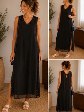 SIMONA BARBIERI Twin-Set Black Sleeveless Maxi Dress with Stud Trim